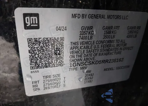 2024 Chevrolet Tahoe 2Wd Premier z USA, uszkodzony, nr VIN 1GNSCSKD5RR238163